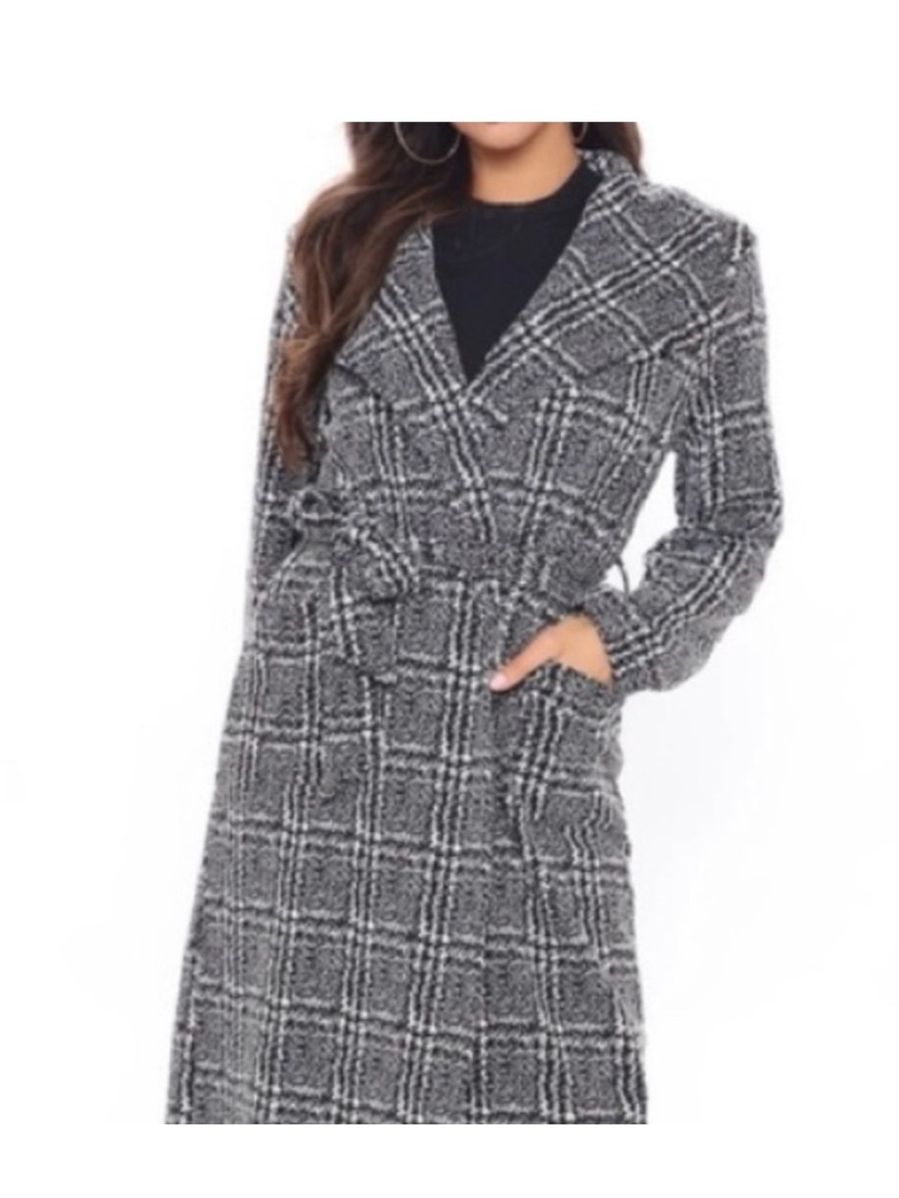 Women's Black & White Plaid Long Trench Coat